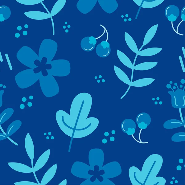 Nahtloses Muster Aus Blumen Und Blättern Auf Blauem Hintergrund — Stockvektor