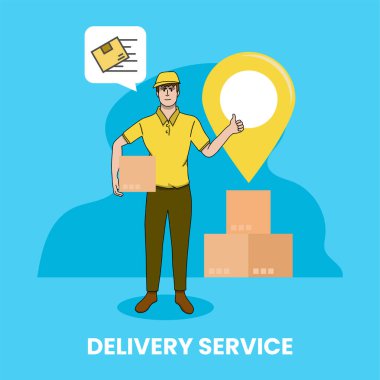 Sarı üniformalı teslimatçı elinde karton bir paket tutuyor.