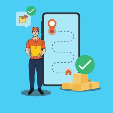 Kırmızı üniformalı teslimatçı elinde karton bir paket tutuyor.