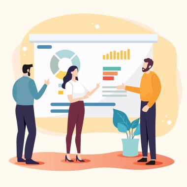 İnsanlar ayakta durup bir iş projesini tartışıyorlar.