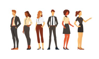 Beyaz arka planda duran çeşitli iş insanlarının vektör illüstrasyonu