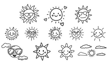 Neşeli yaz güneşi çizimlerinin koleksiyonu