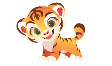 Sevimli çizgi film tarzı kaplan neşeli, dinamik bir duruşta duruyor, canlı ve büyüleyici kişiliğini sergiliyor.