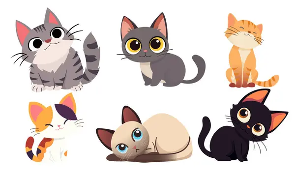 Siyam, Calico, Gri, Turuncu ve daha fazlası çeşitli pozlarda birden fazla kedi.