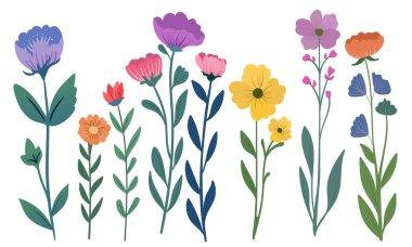 İçinde papatyalar, gelincikler ve yabani güller gibi çeşitli çiçeklerin de bulunduğu renkli kır çiçeklerinden oluşan güzel bir vektör çizimi. Bu büyüleyici çiçek tasarımı, tebrik kartları da dahil olmak üzere baskı ve dijital projelerde kullanılmak için mükemmeldir.,