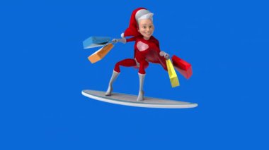 Alışveriş torbalarıyla sörf yapan eğlenceli süper kadın - 3 boyutlu animasyon