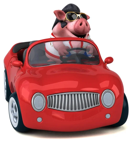 車の中で豚ロッカーの楽しい3D漫画イラスト — ストック写真