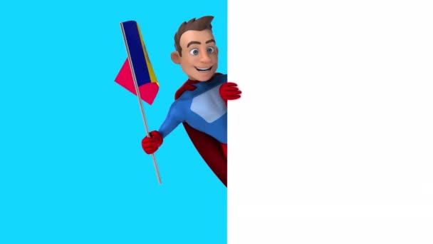 Divertido Personaje Dibujos Animados Superhéroe Con Bandera Andorra Animación — Vídeo de stock