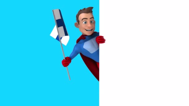 带有芬兰国旗的滑稽卡通人物超级英雄 3D动画 — 图库视频影像