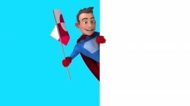Yeşil bayrağı olan komik çizgi film karakteri süper kahraman - 3D animasyon 