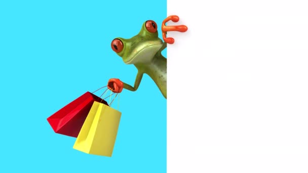 Забавный Мультяшный Персонаж Лягушка Сумками Покупок Анимация — стоковое видео