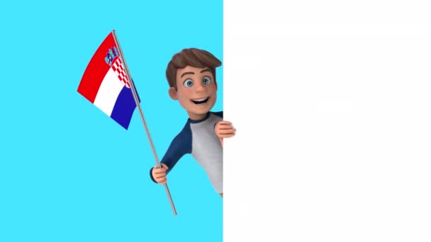 Zabawna Postać Kreskówki Chłopiec Flagą Chorwacji Animacja — Wideo stockowe