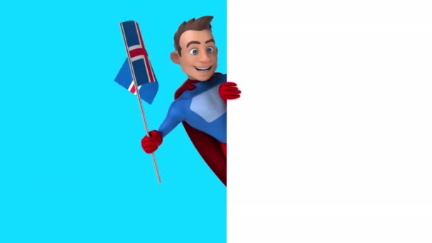 带有冰原旗的滑稽卡通人物超级英雄 3D动画 — 图库视频影像