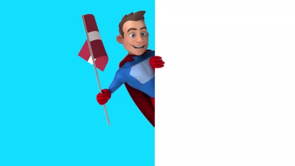 滑稽的卡通人物超级英雄 带有拉维亚国旗 3D动画 — 图库视频影像