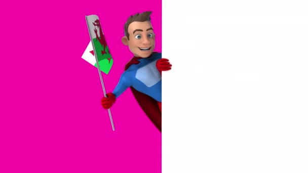 Divertente Personaggio Dei Cartoni Animati Supereroe Con Bandiera Wales Animazione — Video Stock