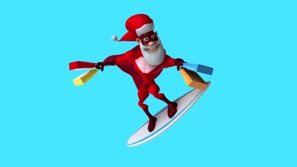 Alışveriş Torbalarıyla Sörf Yapan Eğlenceli Noel Baba Boyutlu Animasyon — Stok video