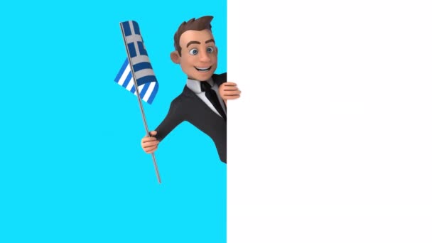 Zabawna Postać Kreskówki Biznesmen Flagą Grecji Animacja — Wideo stockowe