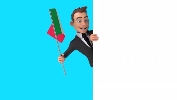 イタリアの国旗を持つ面白い漫画のキャラクタービジネスマン 3Dアニメーション — ストック動画