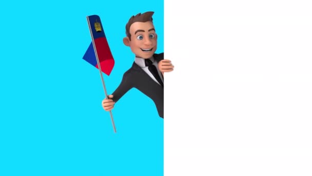 Zabawna Postać Kreskówki Biznesmen Flagą Lichtenstein Animacja — Wideo stockowe