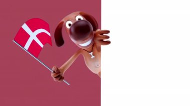 Danimarka bayrağı taşıyan komik çizgi film karakteri köpeği - 3 boyutlu animasyon 