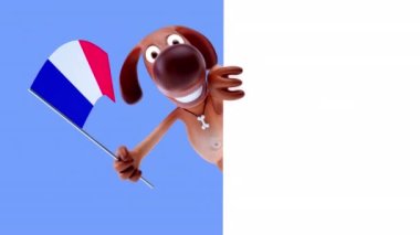 Fransa bayrağı taşıyan komik çizgi film karakteri köpeği - 3D animasyon 