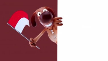 Monako bayrağı taşıyan komik çizgi film karakteri köpeği - 3D animasyon  