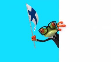 Finlandiya bayrağı taşıyan komik karakter kurbağası - 3 boyutlu animasyon 