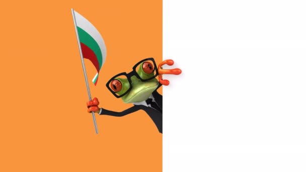 面白い漫画のキャラクターカエルとブルガリアの旗 3Dアニメーション — ストック動画