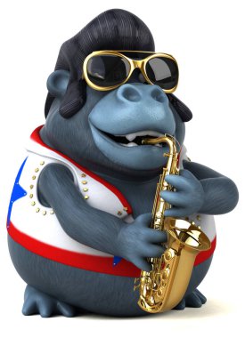 Fun 3D cartoon illustration of a rocker gorilla playing 