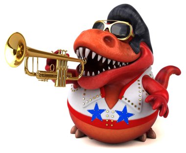 Fun 3D cartoon illustration of a Trex rocker playing 