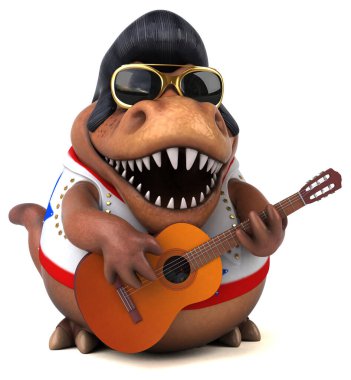 Fun 3D cartoon illustration of a Trex rocker playing 