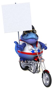 Fun 3D cartoon illustration of a Trex rocker on motorbike