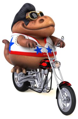 Fun 3D cartoon illustration of a Trex rocker on motorbike