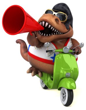 Fun 3D cartoon illustration of a Trex rocker on scooter