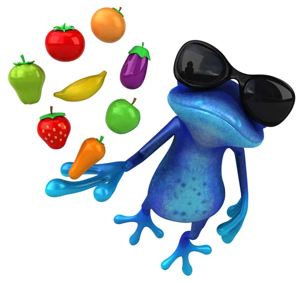 Fun blue frog  with fruits - 3D Illustration