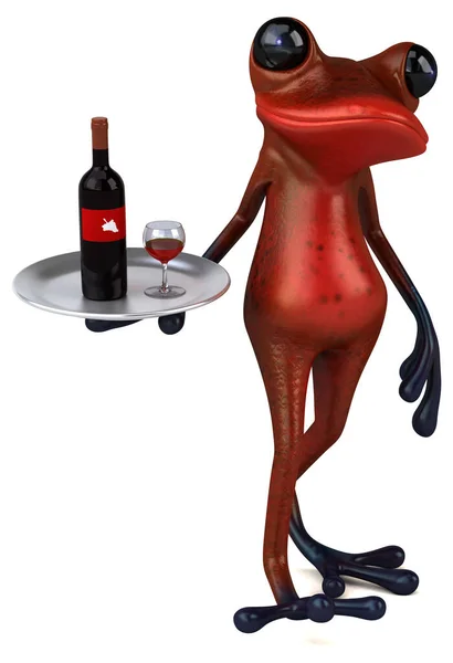 Fun red frog with wine  - 3D Illustration