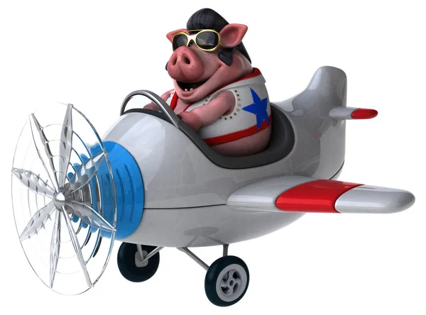 Fun Cartoon Illustration Pig Rocker Plane — Stok fotoğraf