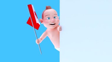 Kanada bayrağı taşıyan komik çizgi film karakteri bebek - 3 boyutlu animasyon 