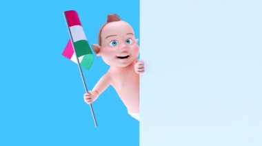 Hungary bayrağı taşıyan komik çizgi film karakteri bebek - 3 boyutlu animasyon 