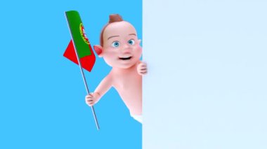Portekiz bayrağı taşıyan komik çizgi film karakteri bebek - 3 boyutlu animasyon 