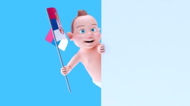 Sırp bayrağı taşıyan komik çizgi film karakteri bebek - 3 boyutlu animasyon 
