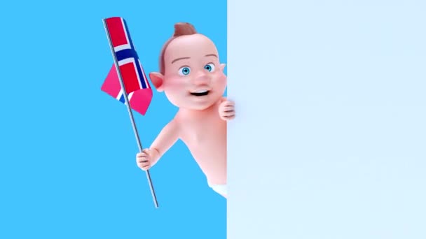 Funny Cartoon Character Baby Flag Norway Animation — Stock Video