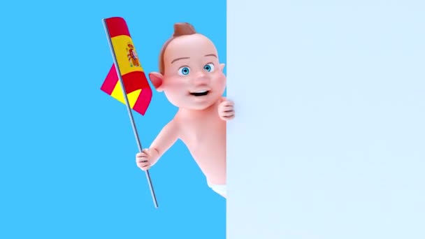 Zabawna Postać Kreskówki Baby Flagą Hiszpanii Animacja — Wideo stockowe