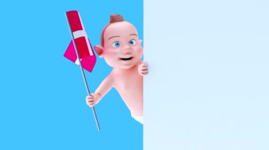 Danimarka bayrağı taşıyan komik çizgi film karakteri bebek - 3 boyutlu animasyon 