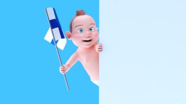 Finlandiya bayrağı taşıyan komik çizgi film karakteri bebek - 3 boyutlu animasyon 