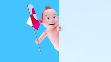 Yeşil bayrak taşıyan komik çizgi film karakteri bebek - 3D animasyon 