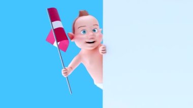 Letonya bayrağı taşıyan komik çizgi film karakteri bebek - 3 boyutlu animasyon 