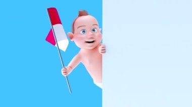 Monako bayrağı taşıyan komik çizgi film karakteri bebek - 3 boyutlu animasyon 