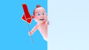 Moğol bayrağı taşıyan komik çizgi film karakteri bebek - 3 boyutlu animasyon 