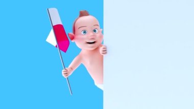 Polonya bayrağı taşıyan komik çizgi film karakteri bebek - 3 boyutlu animasyon 